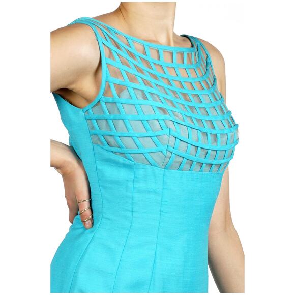 Vintage 1960s Aqua Blue Wiggle Dress Lattice Illusion Bodice Lilli Diamond | S - Picture 6 of 6